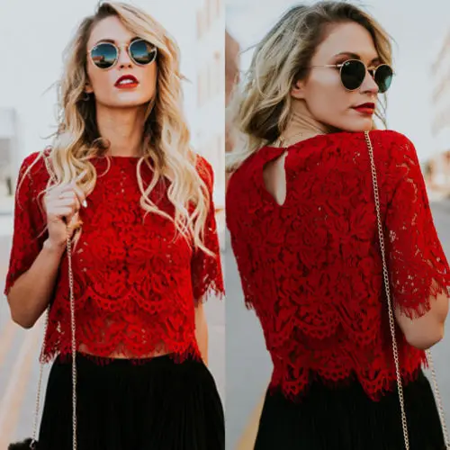 Женская кружевная блузка Повседневная летняя с коротким рукавом|womens lace blouse|lace