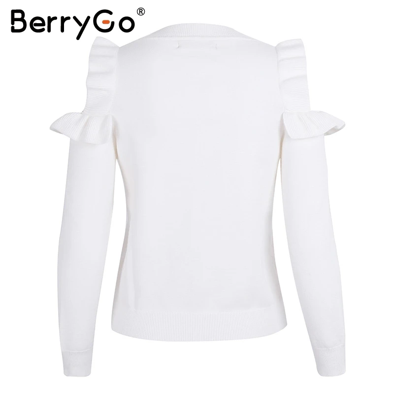 BerryGo Casual cold shoulder knitted sweater women Elegant Ruffle pink stringy pullover female Autumn winter jumper 2018 | Женская