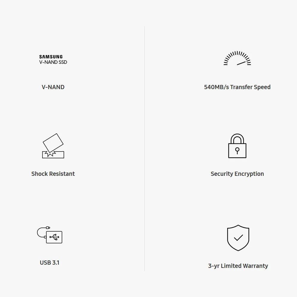 SAMSUNG Винчестер внешнего твердотельного накопителя 250 ГБ 500 г 1 ТБ Тип с портом типа c 3,0/3,1 Портативный SSD T5 Max 540 МБ/с. передачи Скорость