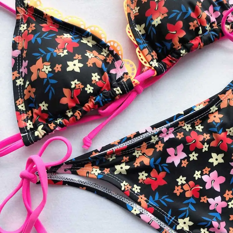 Женский сексуальный цветочный принт мини бикини набор ремень Сращивание спинки