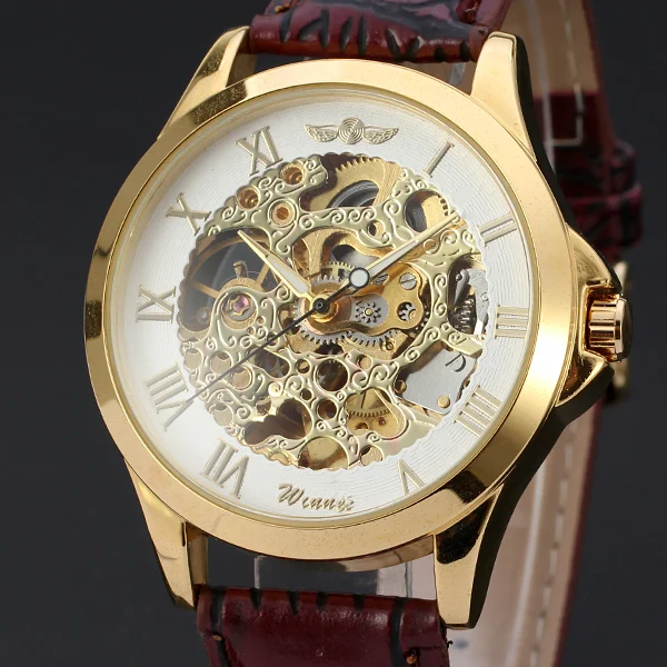 WINNER элегантные черные кожаные автоматические золотые скелетоны Римский