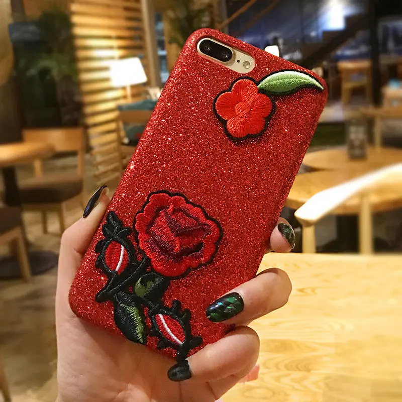 Вышивка розы чехол для iPhone 7 8 6 S плюс ручной работы 360 градусов роза с сияющими
