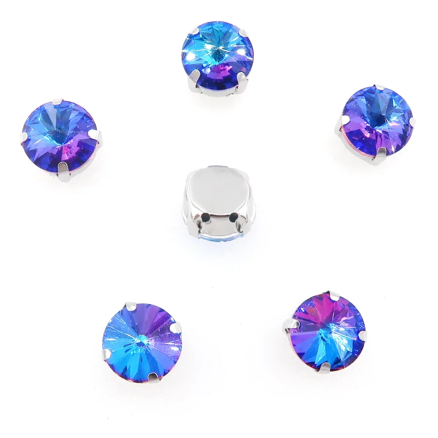 A2 Sapphire rainbow Радужные цвета, стеклянные кристаллы, серебряные коготки, 8 мм, 10 мм, круглые Rivoli формы, пришитые стразы, кристаллы, аппликация, одежда, сделай сам - Цвет: A2 Sapphire rainbow