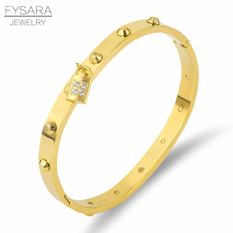FYSARA роскошный Классический бренд пояса для ногтей браслеты с заклепками и Браслеты для Для женщин Нержавеющая сталь замок кристаллы браслет-напульсник, высочайшего качества, ювелирные изделия для панков кольца - Окраска металла: Золотой цвет