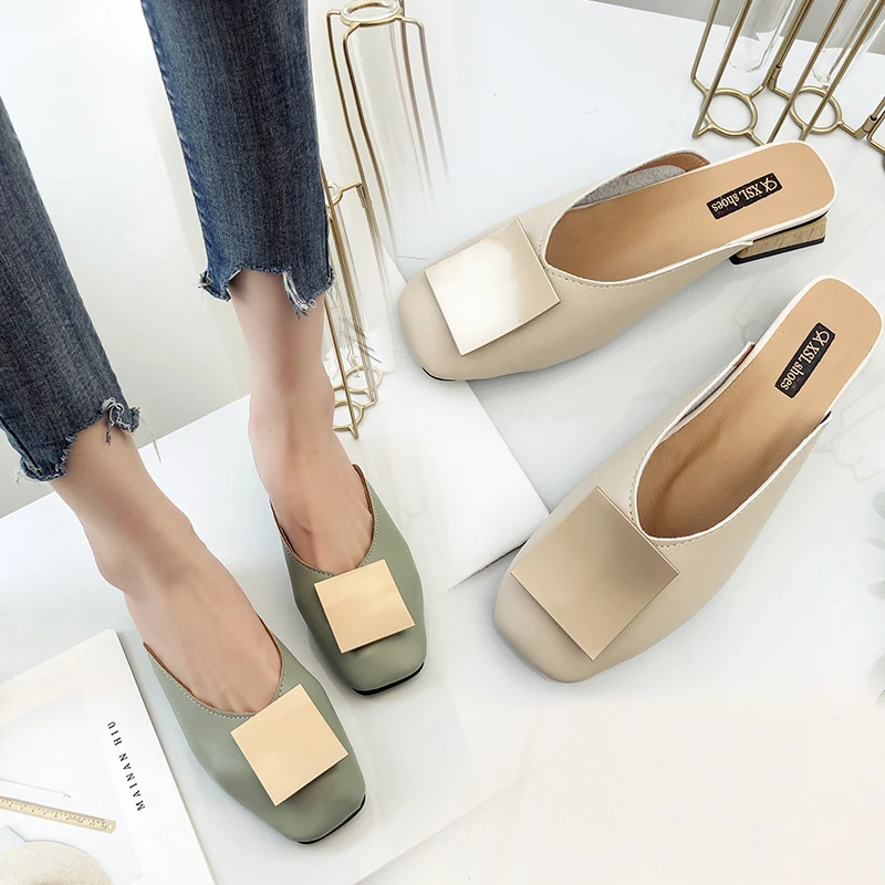 Summer Sandals Elegant Leather Mules Women Mules Shoes Ladies Slippers Low Heels Outdoor Slippers Slides Chaussures Femme
