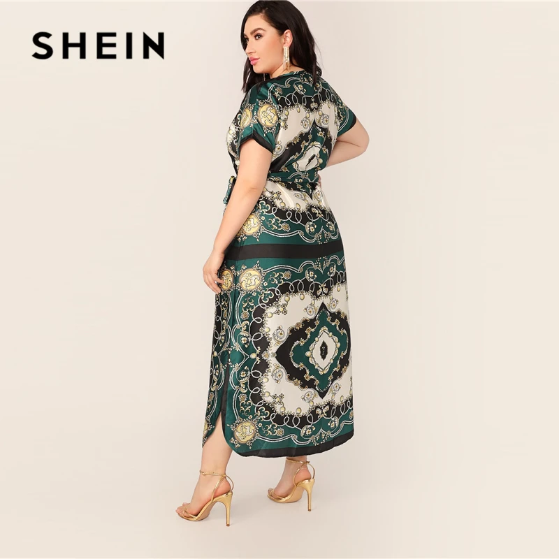 SHEIN, платье трапециевидной формы с зеленым шарфом размера плюс,, женское летнее стильное длинное платье макси с высокой талией