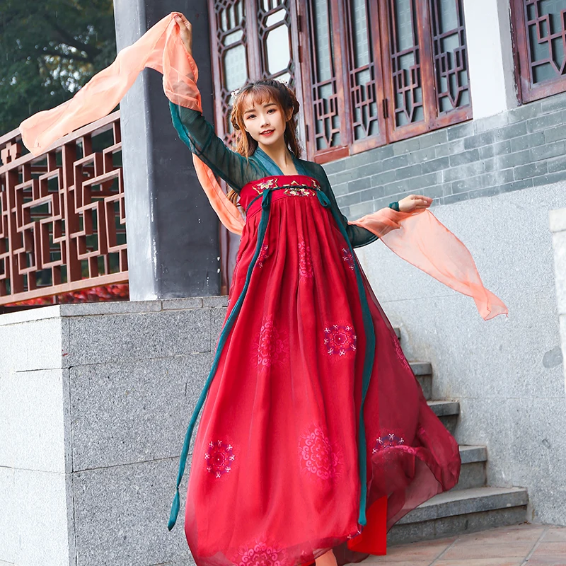 Hanfu Для женщин Китайский народный танец костюмы Цин Тан костюм династии костюм Китайский традиционный костюм ханфу китайское платье DWY1161