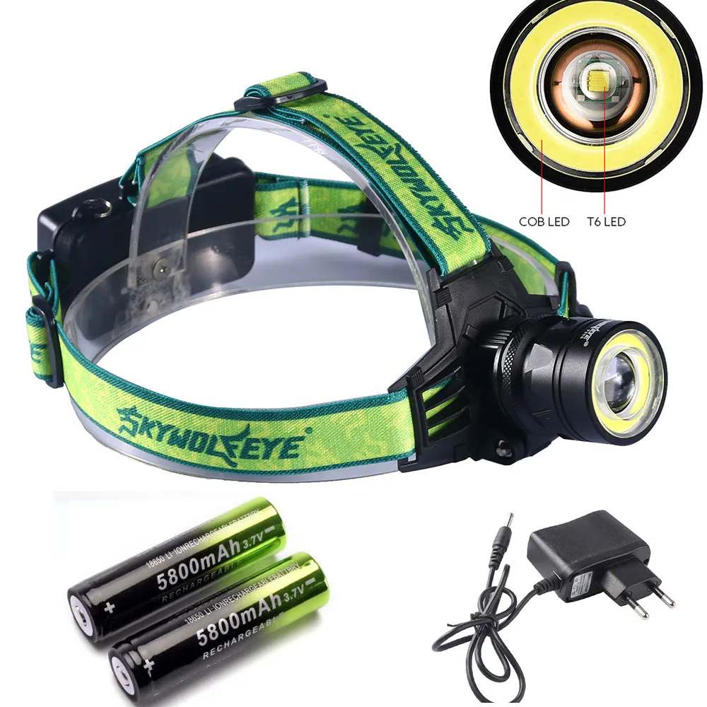 

10000 Lumens LED Headlamp 4 Modes Zoomable LED Headlight Camping Head Torch XM-L T6+COB LED Hunting Head Lights+2*18650+Charger