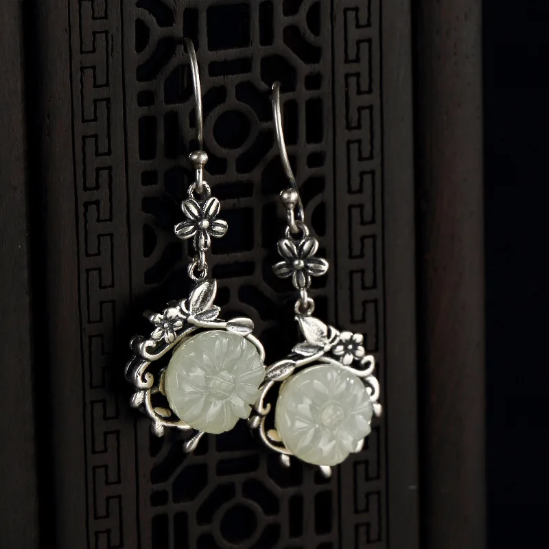 

restoring ancient ways do old Mosaic hetian jade white jade plum flower lady high-grade pendant earrings wholesale