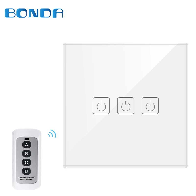 BDNDA ЕС стандарт 3 открытые RF433 беспроводные пульты управления светом на стене высококачественной кристальной стеклянной панели с сенсорным экраном и светодиодным индикатором.