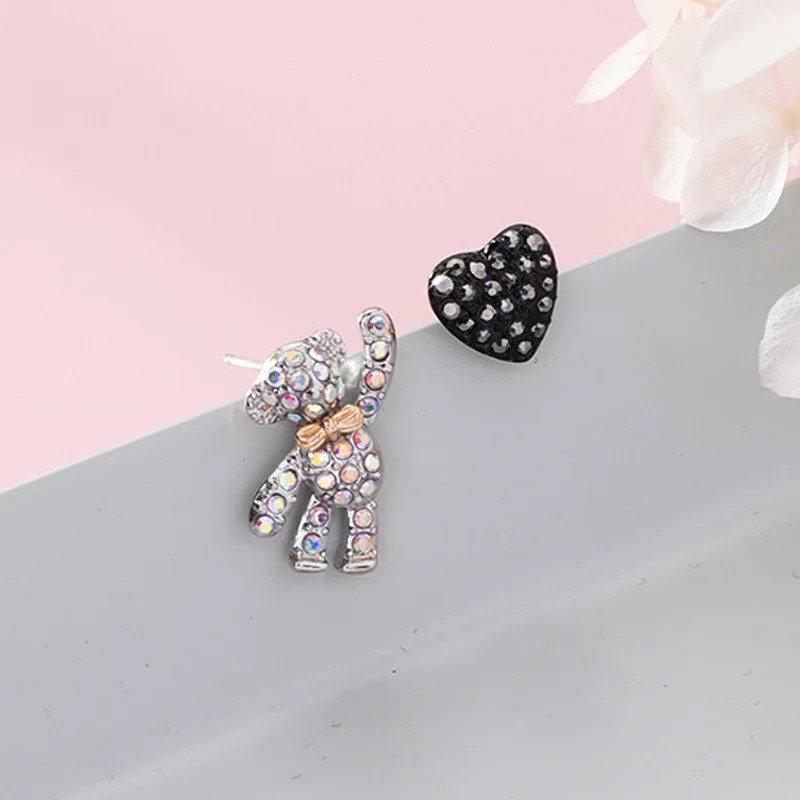 Sweet Cute Asymmetric Rhinestone Bear Love Heart S925 Sterling Silver Stud Earrings for Women Wedding Charm Jewelry Pendientes | Украшения