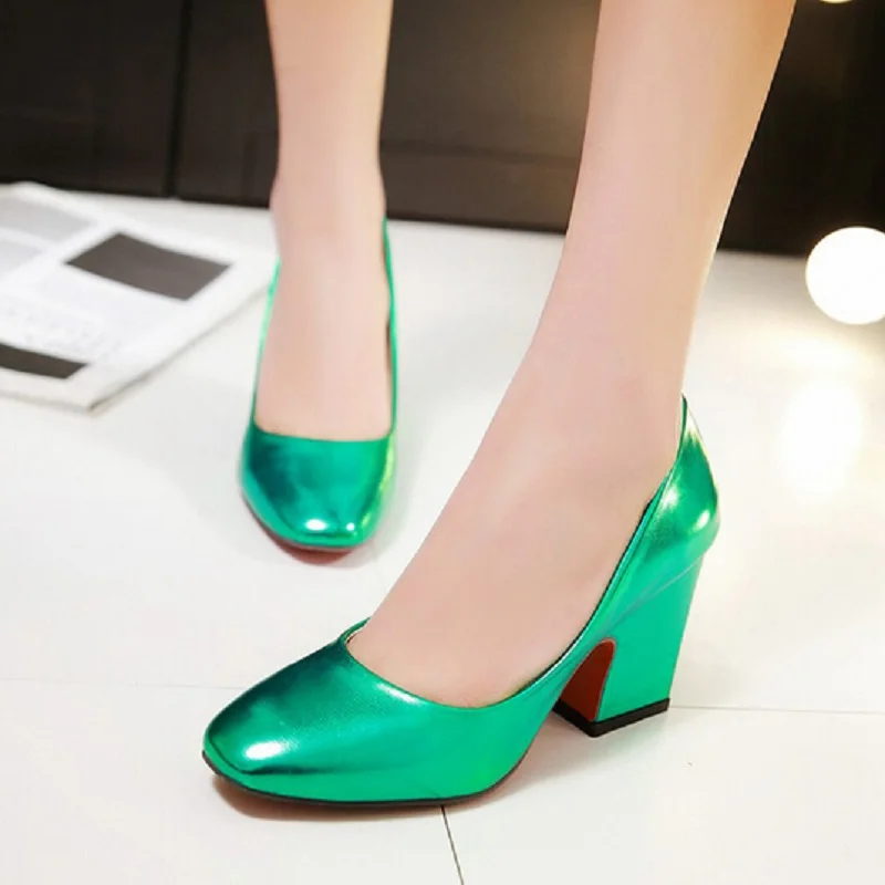 Brand Shoes Woman Thick High Heels Shallow Mouth Women Pumps Sexy Yellow Green Patent Leather Ladys Wedding Party Size 62 | Обувь