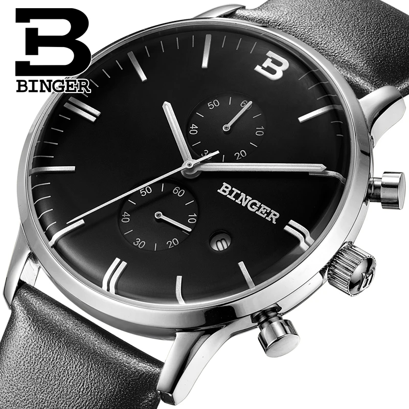 Купи Relojes hombre 2017 New BINGER Men Chronograph Watches 30 m Waterproof Quartz Casual Simple Leather Wristwatches relogio masculi за 3,978 рублей в магазине AliExpress