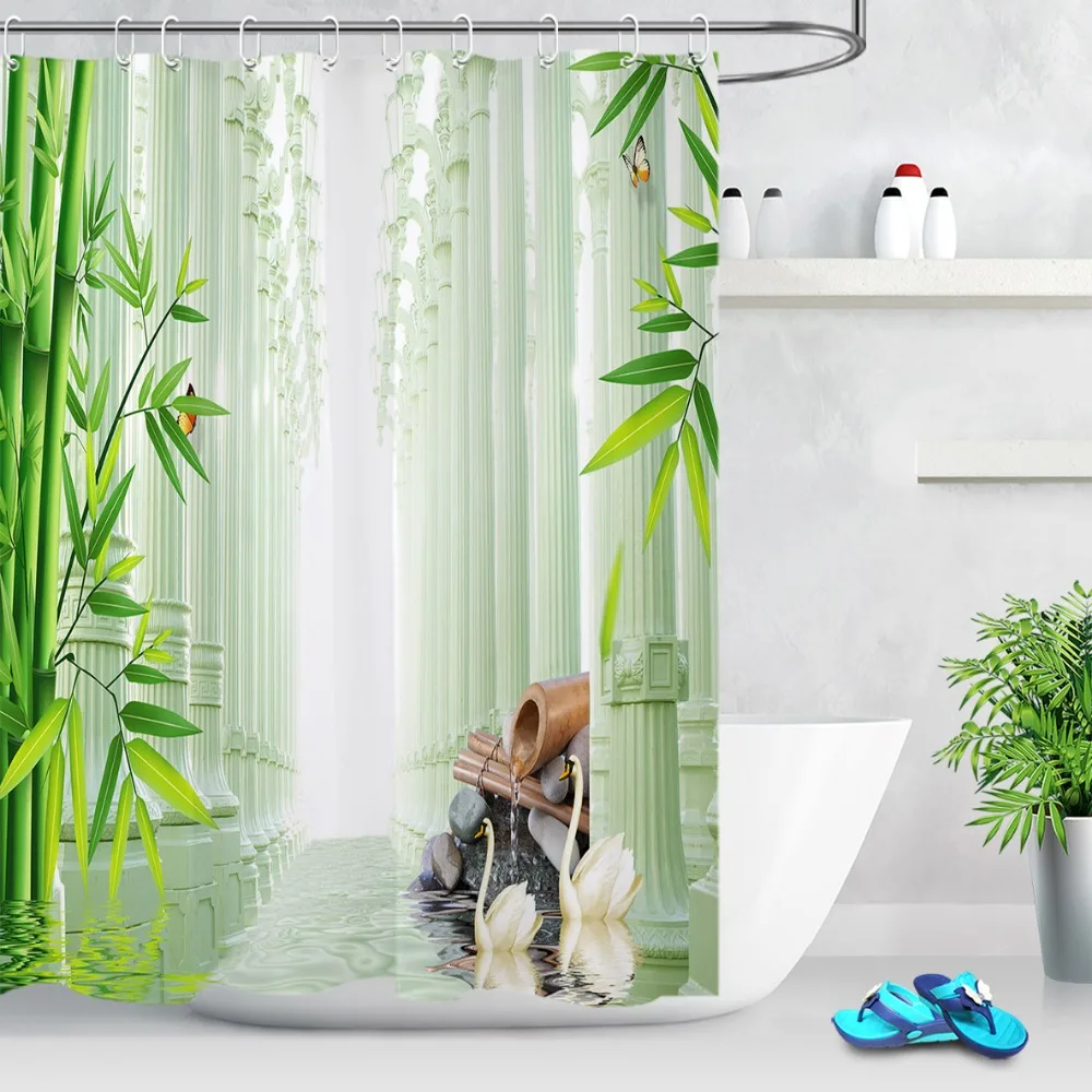 

3d Green Bamboo with Stone Pillar Shower Curtain Water Nature Landscape Bathroom Waterproof Polyester Fabric For Bathtub Decor