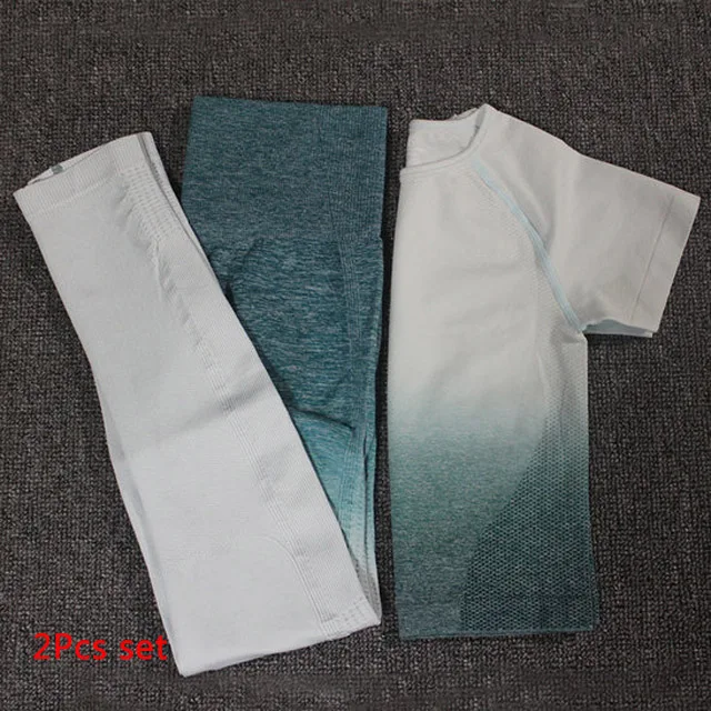 Green set Женский комплект для йоги, одежда для спортзала, топ с коротким рукавом+ Бесшовные Леггинсы с эффектом омбре, спортивный костюм для тренировок, спортивная одежда для фитнеса, одежда для активного отдыха - Цвет: Green set