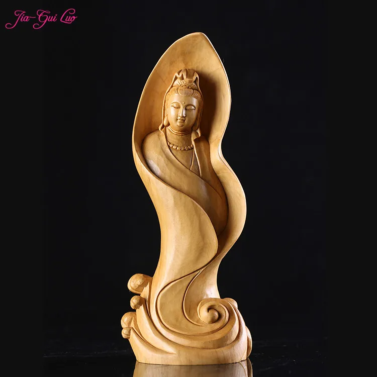 

JIA-GUI LUO Creative boxwood carving home decor wooden crafts Chinese Buddha sculpture lotus leaf Guanyin gift A019