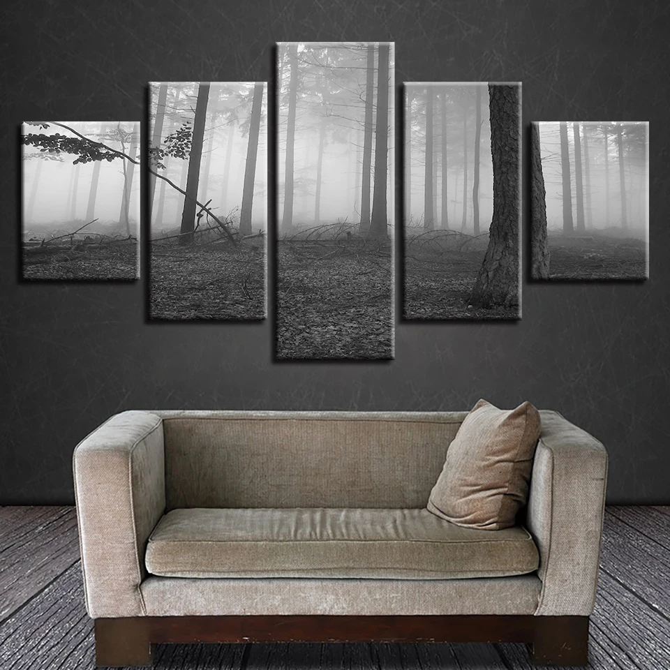 

Wall Art Poster Home Decor 5 Pieces Psychedelic Forest Scenery Canvas Print Black And White Painting Modular Pictures Framework