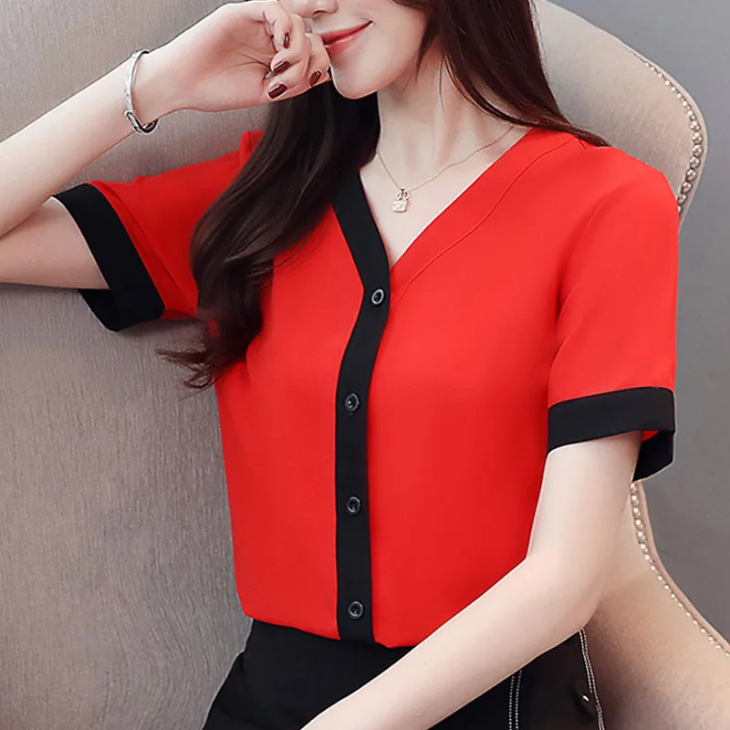 Women blouse and tops 2020 ladies white shirts chiffon button short sleeve V neck clothes 3900 50|Блузки| |