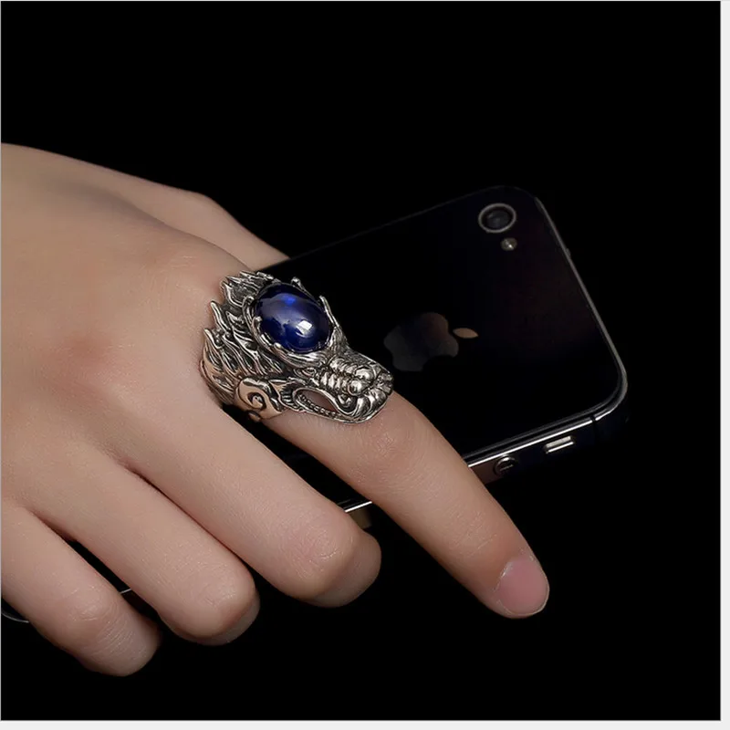 Uglyless Real S 925 Sterling Silver Natural Blue Chalcedony Men Rings Handmade Engraved Dragon Finger Ring Ancient Totem Jewelry | Украшения