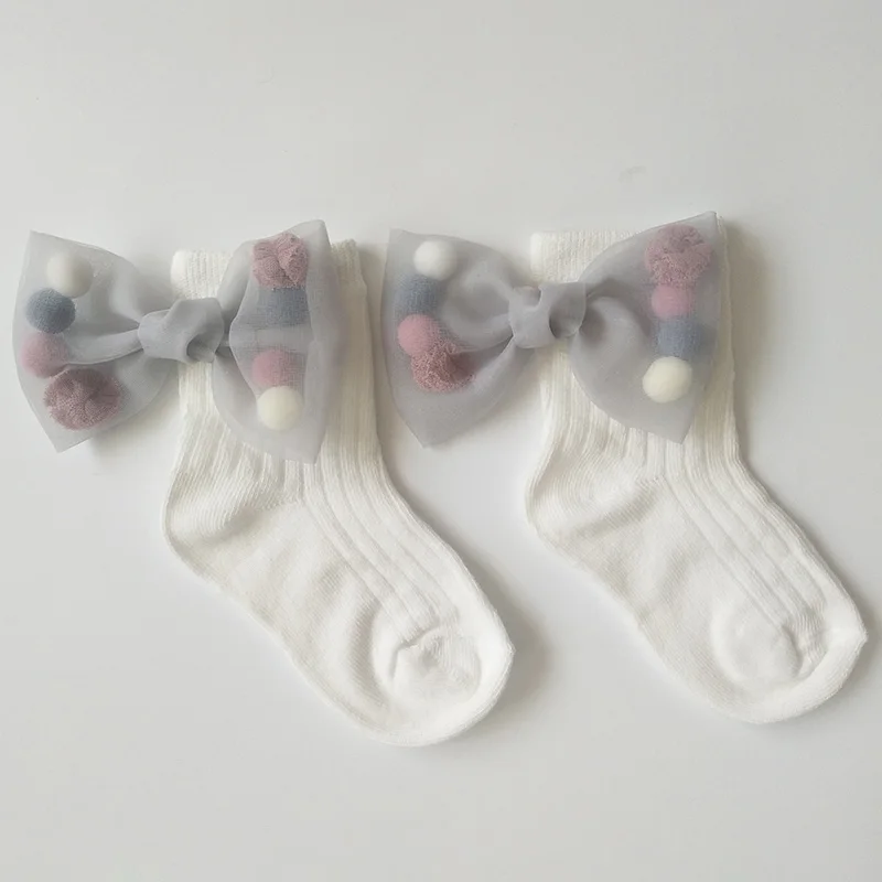 White Gray Bow Носки для маленьких девочек с бантиками; милые кружевные носки принцессы для девочек; носок с оборками; хлопковые носки для малышей; летние детские носки - Color: White Gray Bow