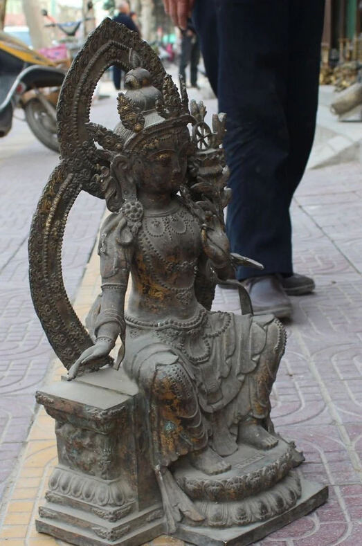 bir 005408 25&quot Old Tibet Buddhism Bronze Gilt Seat Lotus White Tara Goddess Buddha Statue |