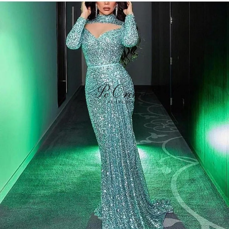 

PEORCHID Sexy Sequin Evening Dress Dubai Arabic Vestido Fiesta Largo 2019 Formal Long Dress Glitter Party Gown With Sleeves
