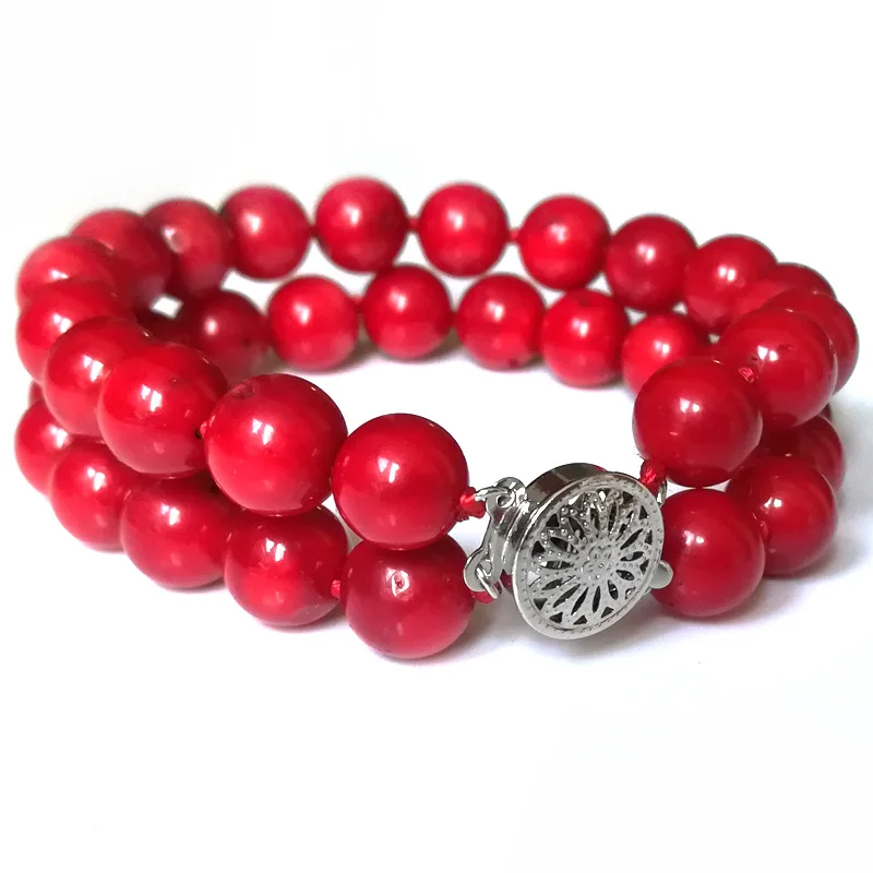 

Double Rows 7.5 inches 8-9mm Red Round Natural Bamboo Coral Bracelet with 925 Sterling Silver Clasp