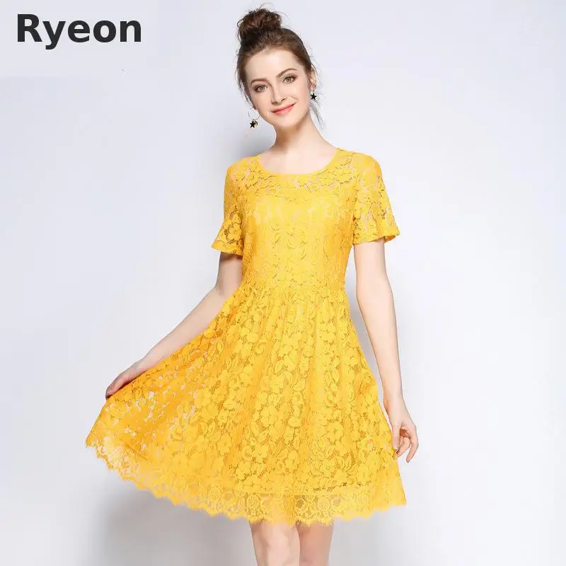Ryeon l 5xl плюс размер лето желтый офис кружева женщин одевается о шея кружевом