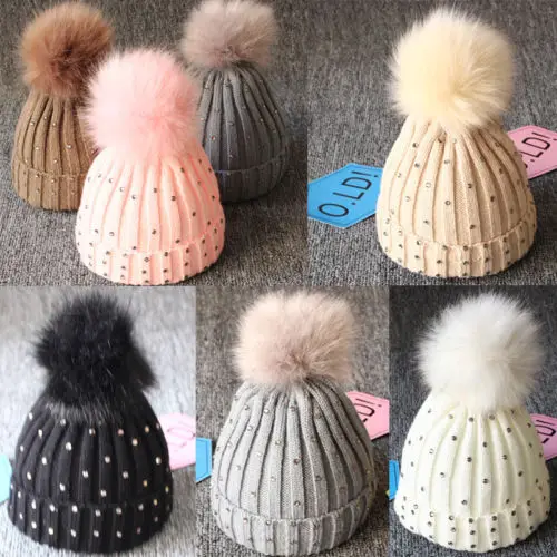 Вечерние Шапки для малышей теплая зимняя вязаная шапочка мех помпон шапка|Шляпы