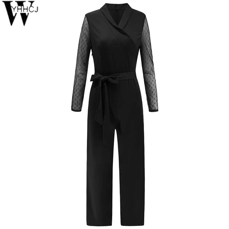 Женский офисный комбинезон WYHHCJ черный облегающий в горошек с v-образным вырезом