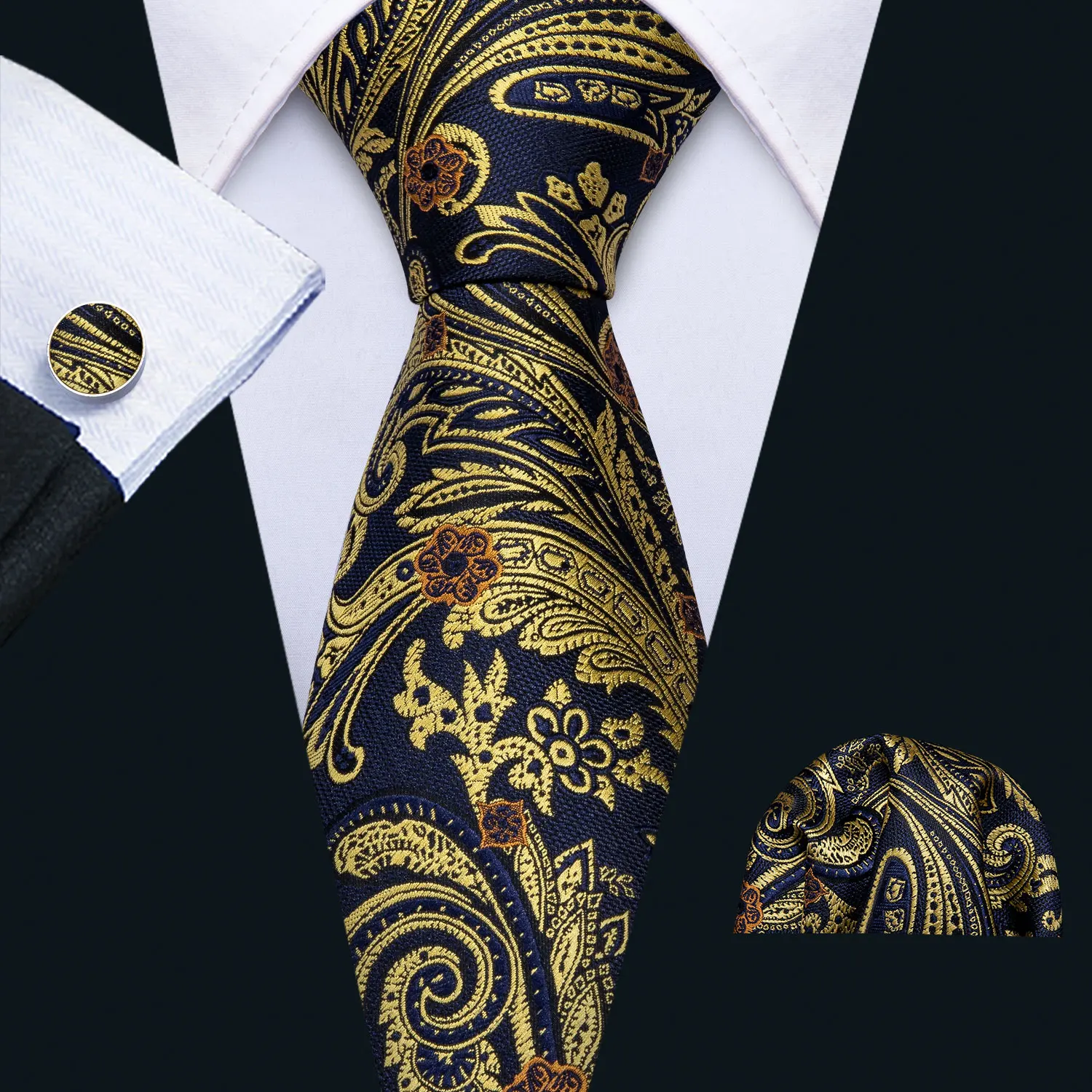 

2019 Mens Wedding Tie Gold Floral Silk Tie Hanky Set Barry.Wang Jacquard Party Woven Fashion Designer Neck Ties For Men FA-5138