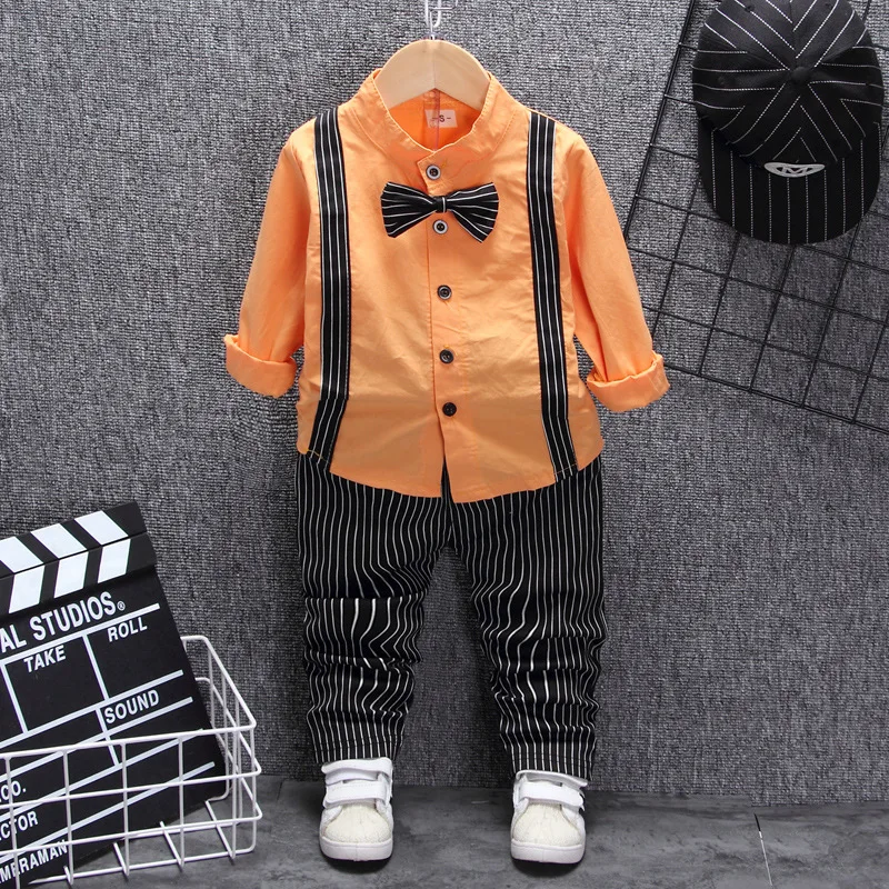Children Clothes Baby Boy Dress Set 2PCS Long Sleeve Tie Stand Collar Shirt+With Belt Striped Leggings Bebes Jogging Tracksuit | Детская