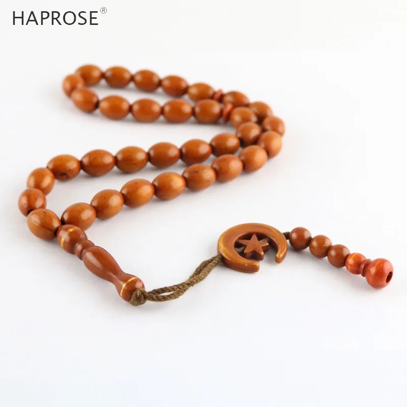Исламская пение Copal красно коричневый браслет из бисера 33 Бусы Tasbih мусульманских Аллах бусы четки Moon Star знак праздничные подарки