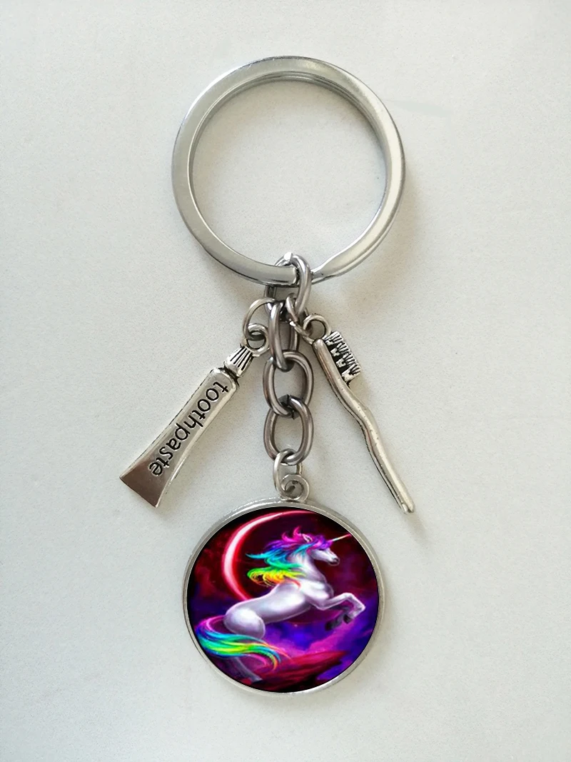 

fashion Keychain round glass unicorn style art gifts Fashion Bag Car Key chain Round Glass Cabochons Supplies Craft Keychain