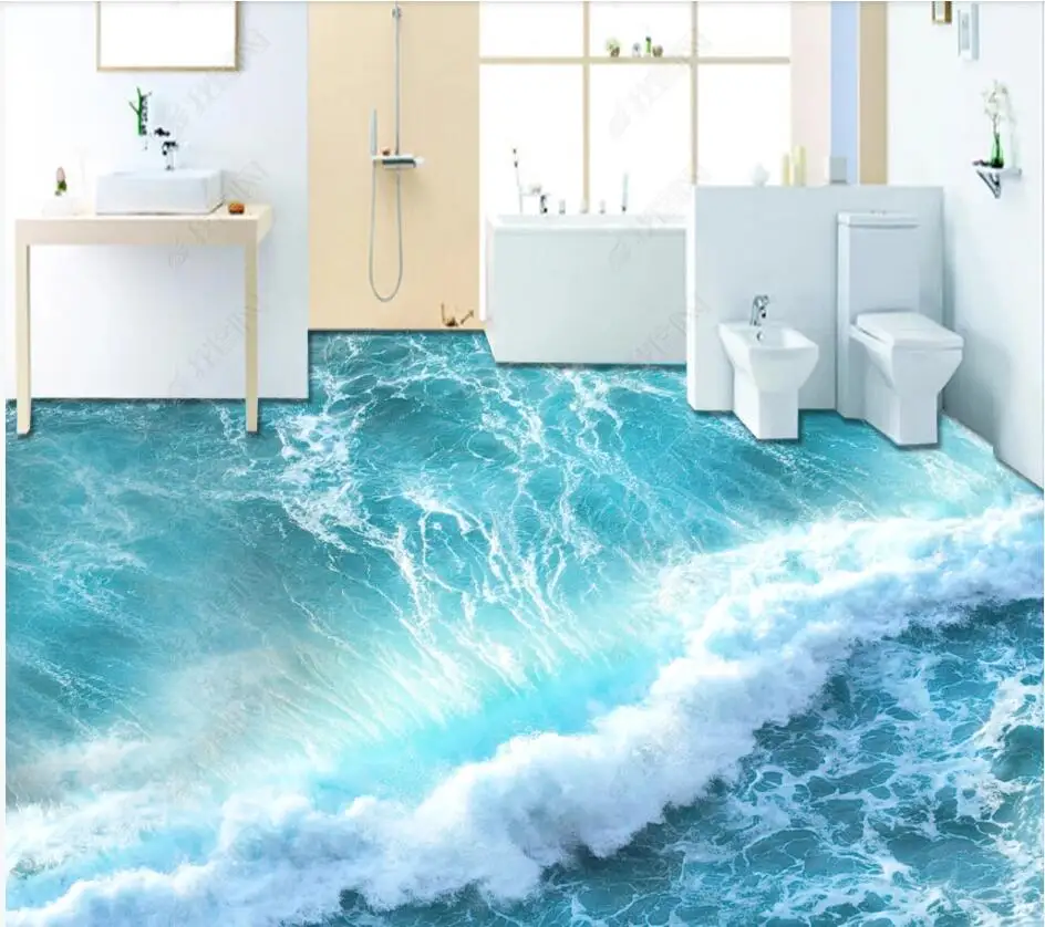 

3d PVC flooring wallpaper custom waterproof Self-adhesive floor Ocean wave water bathroom home decor 3d wall murals wallpaper