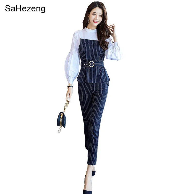 2018 Spring Summer 2 Pieces Elegent Women Sets Striped Blouse Sweatshirts and Long Pants Casual Ladies Suits WS35 |
