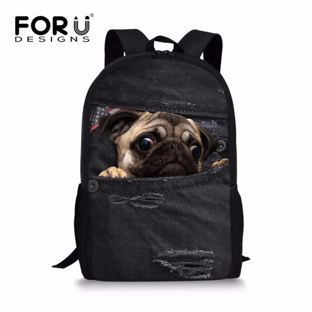 Школьная сумка FORUDESIGNS с милым щенком Мопсом Детский рюкзак из денима и джинсовой