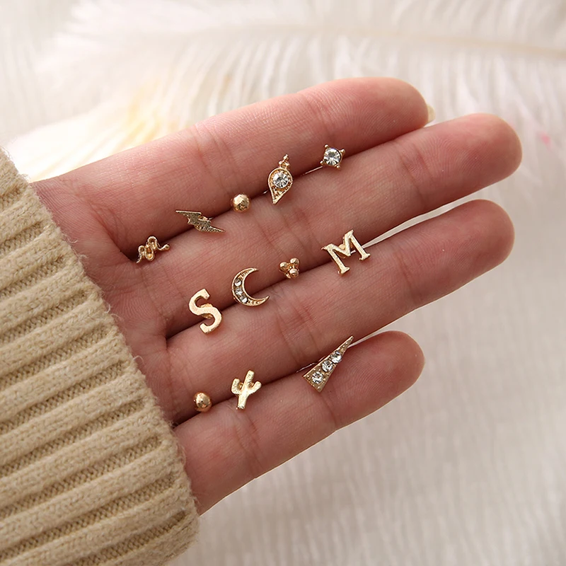 12 Pcs/Set Fashion Moon Letter Lightning Cactus Geometric Crystal Stud Earring Women Charm Gold Earrings Set Combination | Украшения и