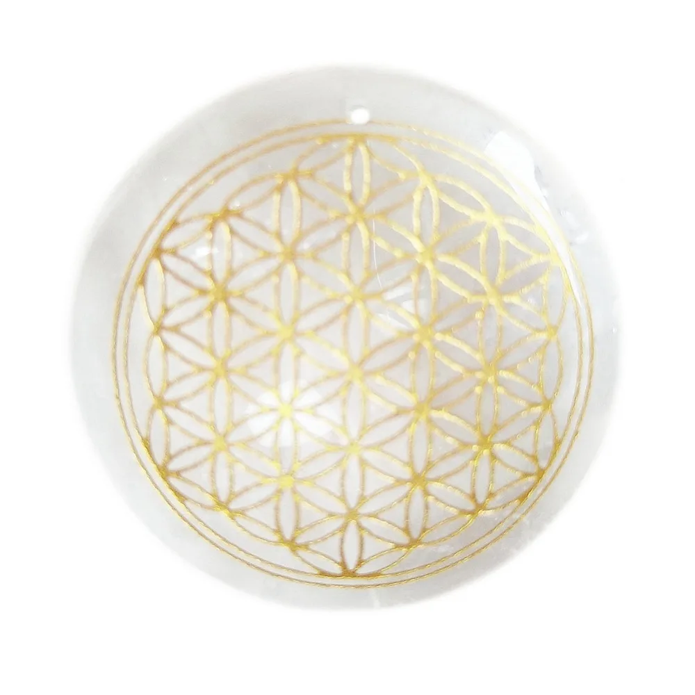 

Natural Clear Quartz Stone Rock Crystal Amulets Carved Flower of Life Reiki Healing Palm Stones Jewelry Pendants with Hole 1pc