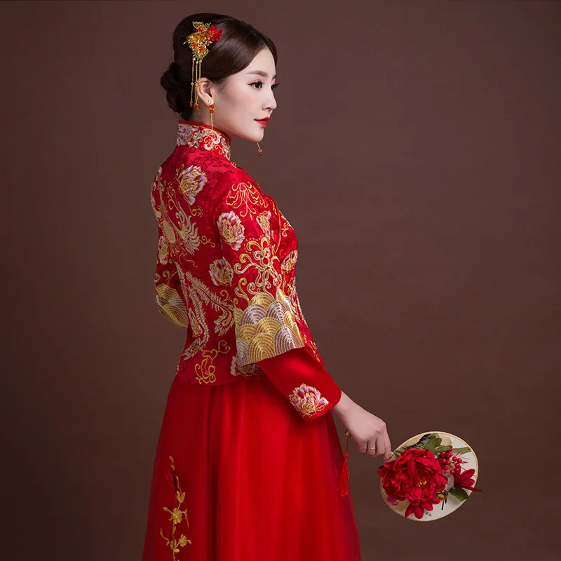 Women Traditional Cheongsam Wedding Gowns Bride Red Chinese Dress Qipao Phoenix Embroidery Robe Oriental Style Dresses | Тематическая