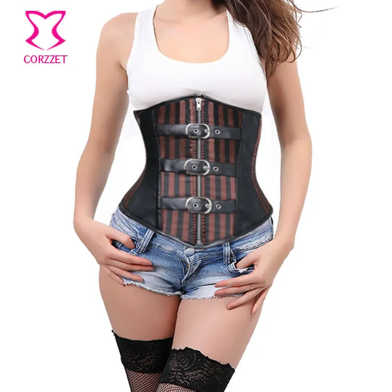 Готический стимпанк корсет под грудью черный кожаный и полосатый Атласный