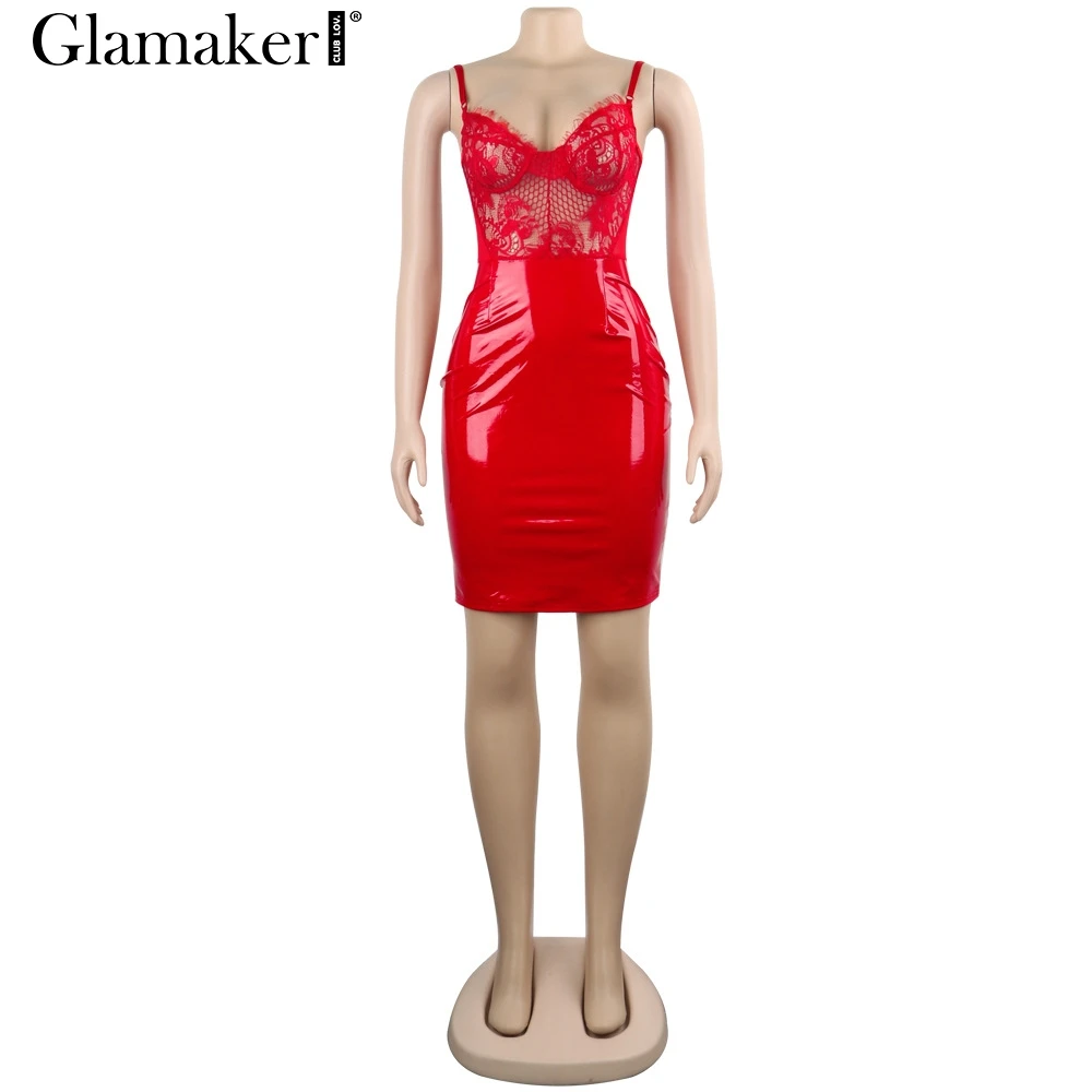 Красный Glamaker кружевное лоскутное черное платье женское летнее облегающее платье без рукавов весенние прозрачные вечерние женские элегантные сексуальные платья - Цвет: Красный