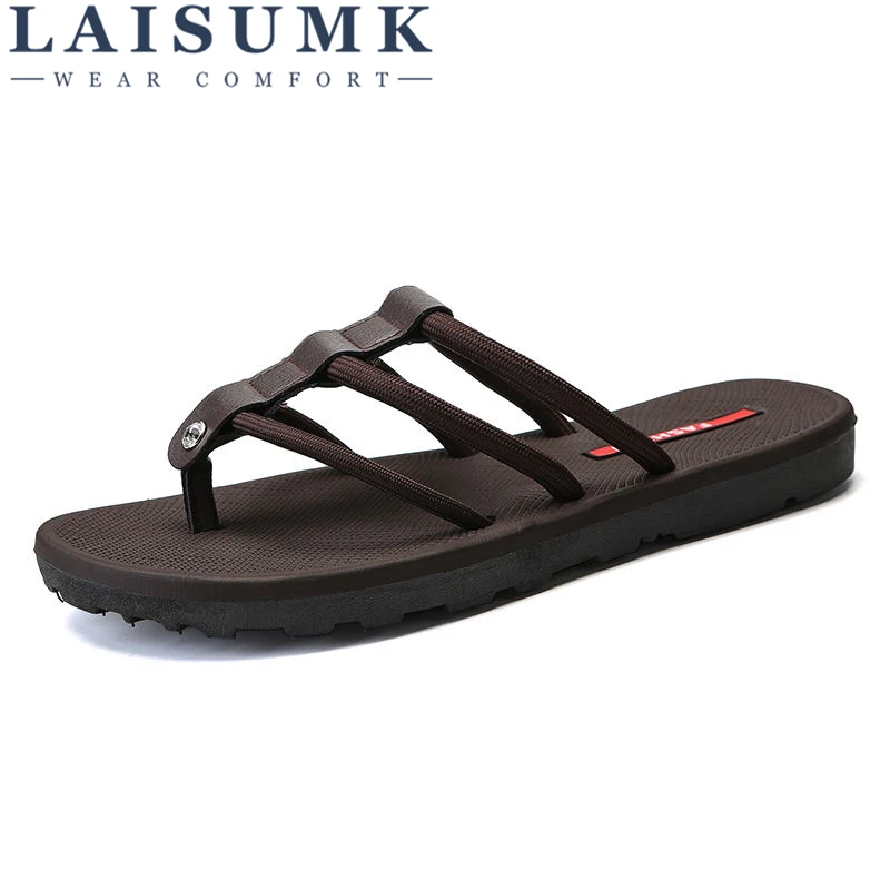 

LAISUMK Summer Men Soft Genuine Leather Slippers Casual Fashion Male Flip Flops Comfortable Beach Sandals Outdoor Woven Footwear