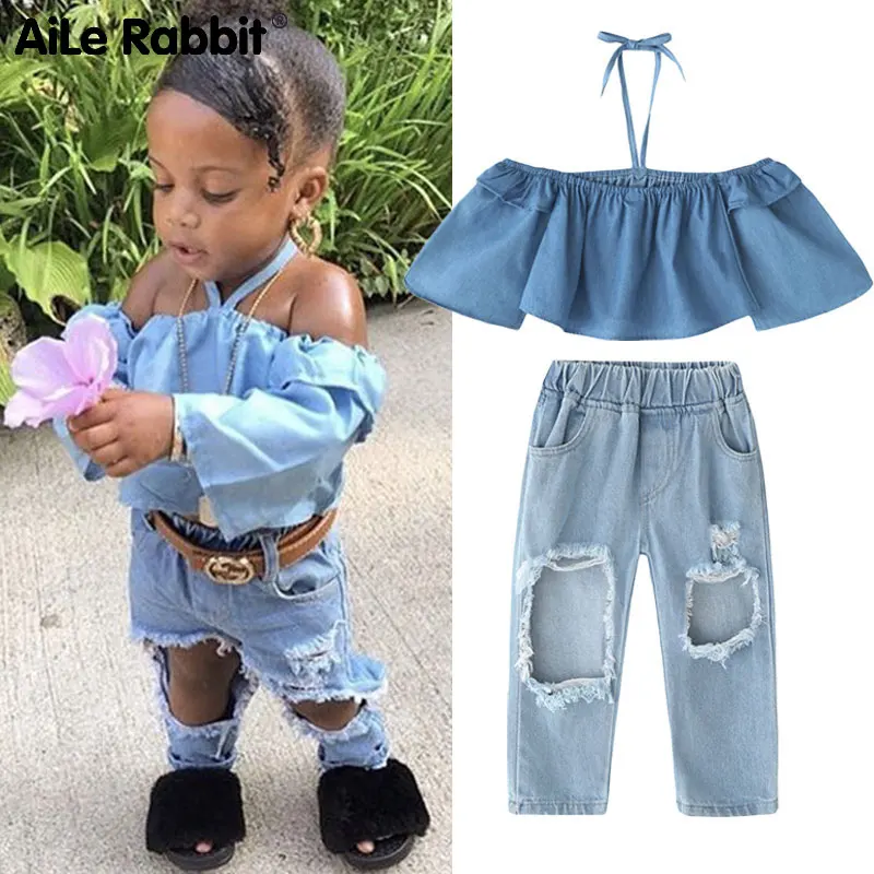 Модель 2019 года джинсовый костюм для девушек AiLe Rabbit на одно плечо джинсовые брюки