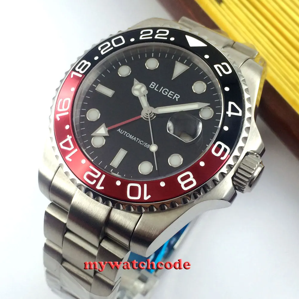 

43mm bliger black dial GMT date window sapphire glass automatic mens watch P7