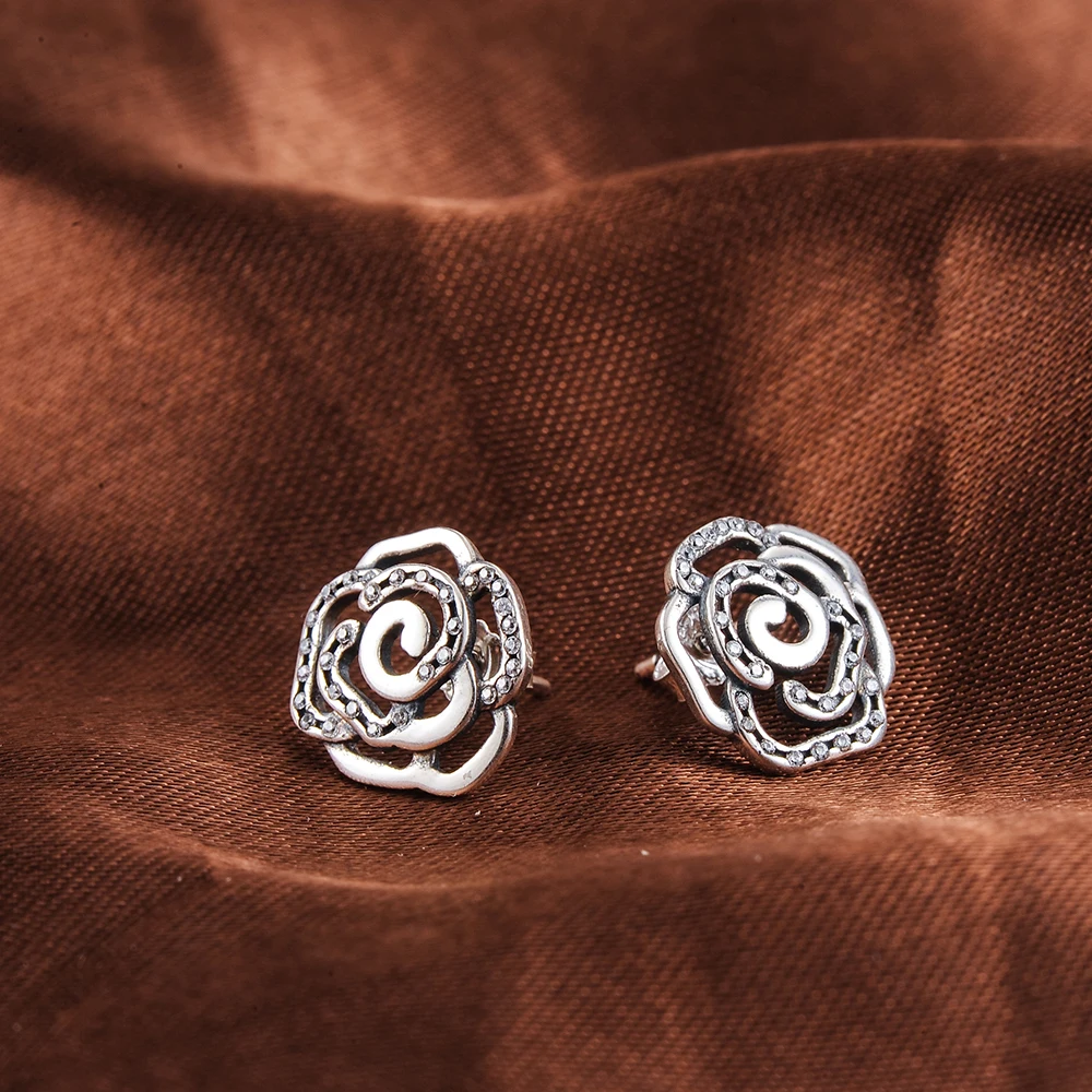 LZESHINE Trendy Original 925 Sterling Silver Rose Flower Stud Earrings with Clear CZ Women Jewelry PSER0006-B | Украшения и