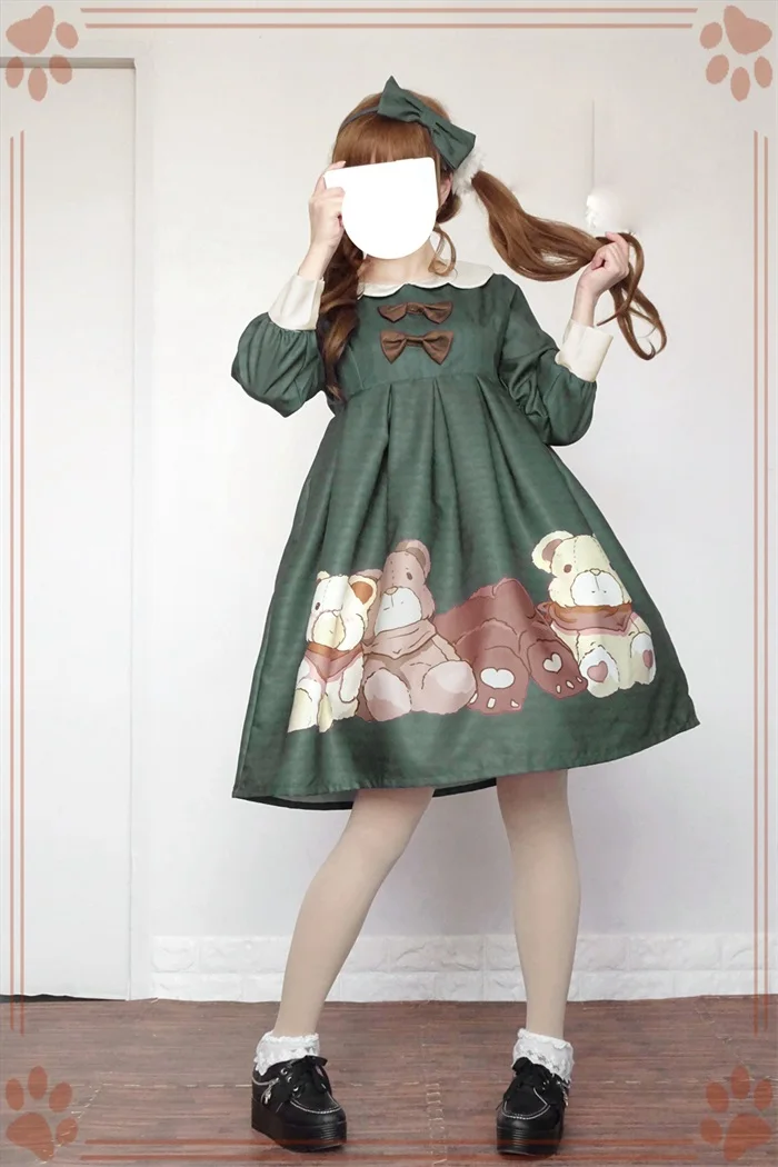 Green Dress and KC Осенне-весеннее милое платье принцессы в стиле Лолиты, платье в стиле милой куклы с принтом медведя, японское женское повседневное цельнокроеное платье с кукольным воротником, 4 цвета - Цвет: Green Dress and KC