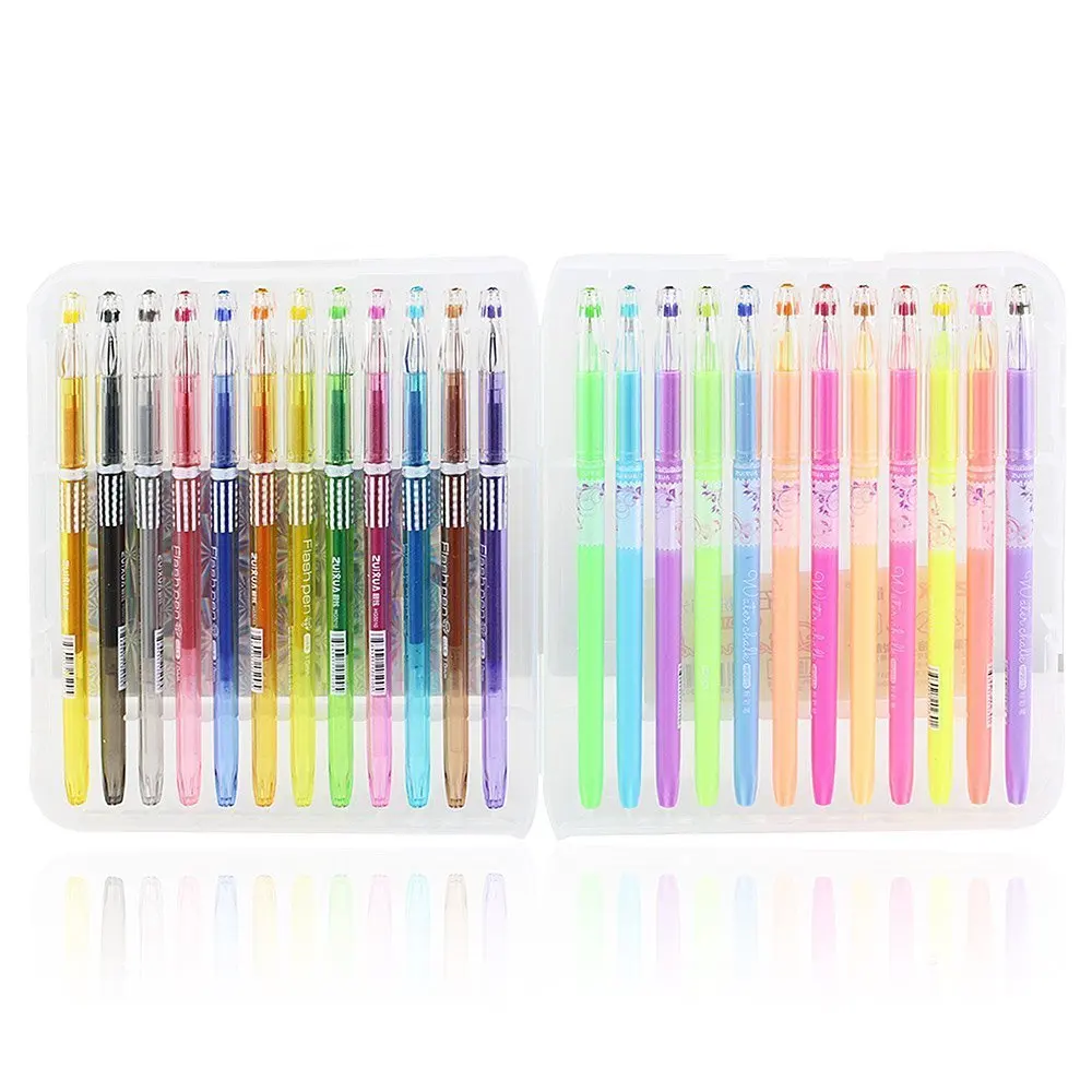 Цветные гелевые ручки с пластиковым чехлом 24 ярких цвета неоновые блестки