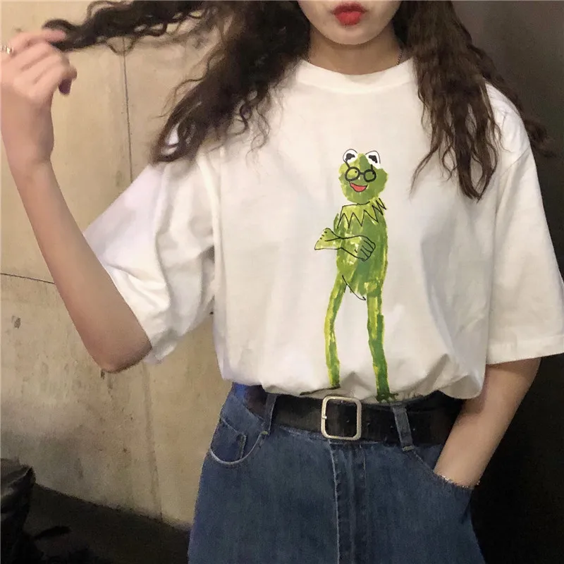Женские летние модные футболки с милым мультяшным принтом японские Harajuku длинным