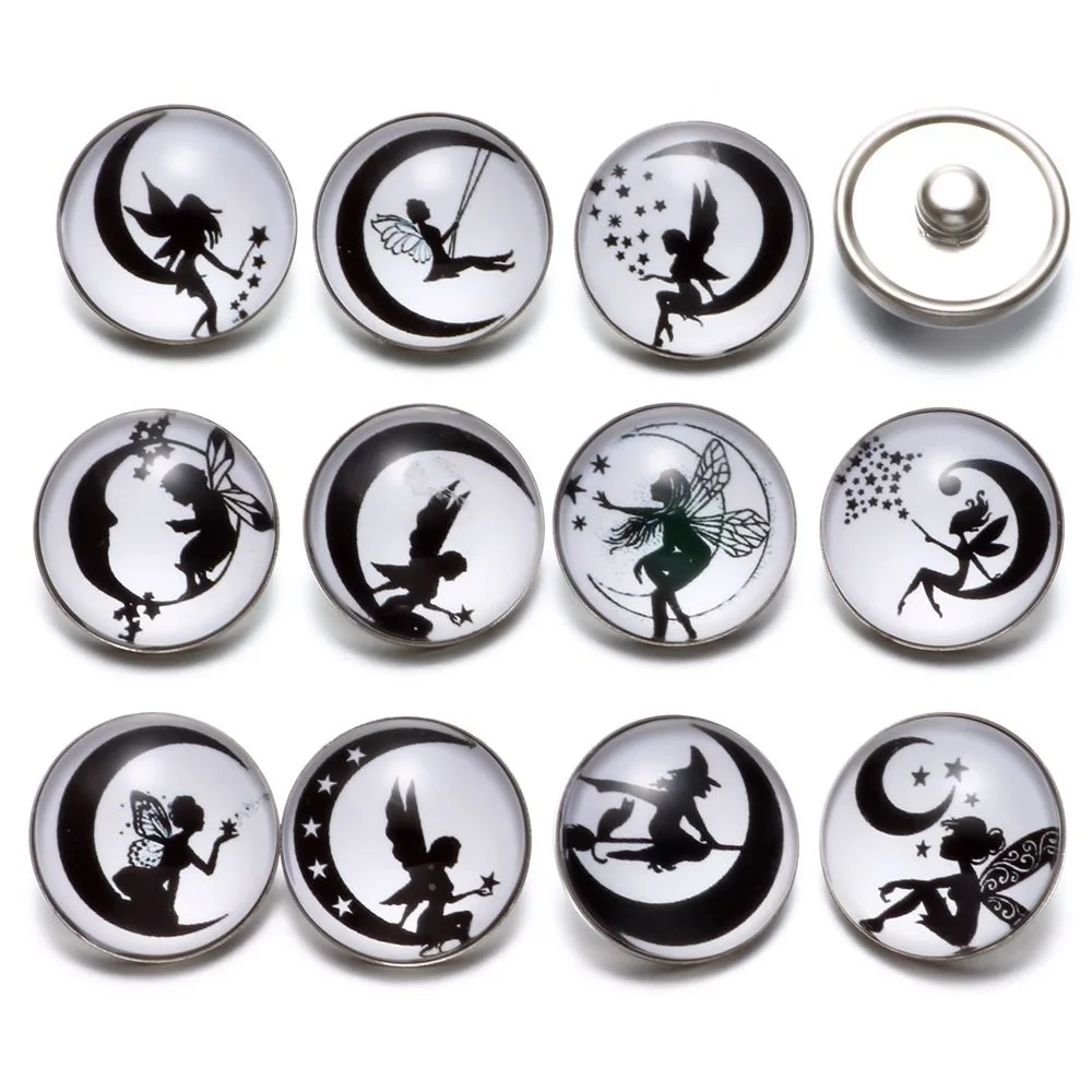 12pcs/lot Black&White Theme Moon & Fairy Pattern 18mm Snap Button Charms For Snaps Bracelet Jewelry KZ0633| |
